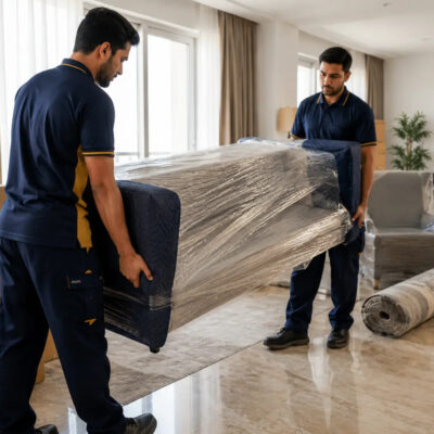 عمال نقل عفش في غرب الرياض يحملون أثاثًا مغلفًا بعناية